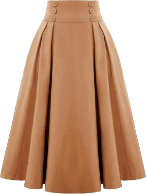 Womens Midi Skirts Vintage High Waist Business Casual Office Wear to Work Pleated A-Line Flared Long Skirt Dresses