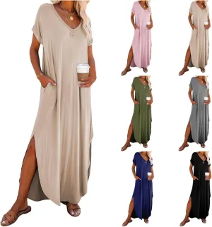 Womens Oversized Casual Loose Summer Maxi Dress Short Sleeve Long T Shirt Beach Sundresses with Pockets