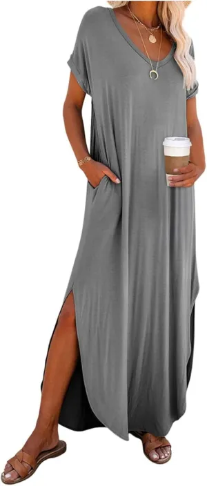 Womens Oversized Casual Loose Summer Maxi Dress Short Sleeve Long T Shirt Beach Sundresses with Pockets