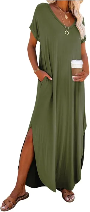Womens Oversized Casual Loose Summer Maxi Dress Short Sleeve Long T Shirt Beach Sundresses with Pockets