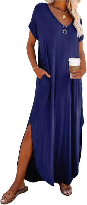 Womens Oversized Casual Loose Summer Maxi Dress Short Sleeve Long T Shirt Beach Sundresses with Pockets