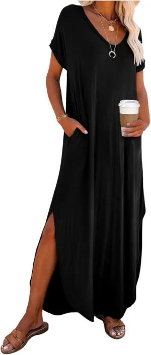 Womens Oversized Casual Loose Summer Maxi Dress Short Sleeve Long T Shirt Beach Sundresses with Pockets