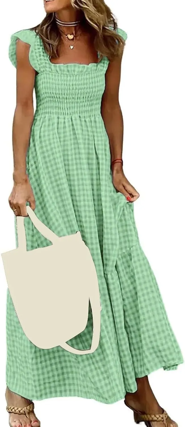 Womens Plaid Dresses Square Neck Strap Flounce Long Dress Smocked Sleeveless Maxi Dress Flowy A-Line Beach Sundress