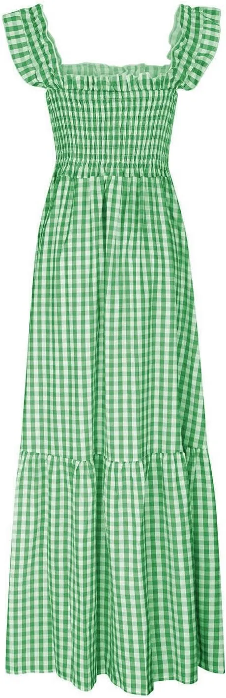 Womens Plaid Dresses Square Neck Strap Flounce Long Dress Smocked Sleeveless Maxi Dress Flowy A-Line Beach Sundress