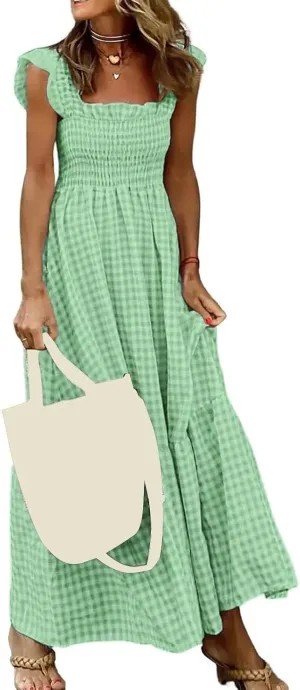 Womens Plaid Dresses Square Neck Strap Flounce Long Dress Smocked Sleeveless Maxi Dress Flowy A-Line Beach Sundress