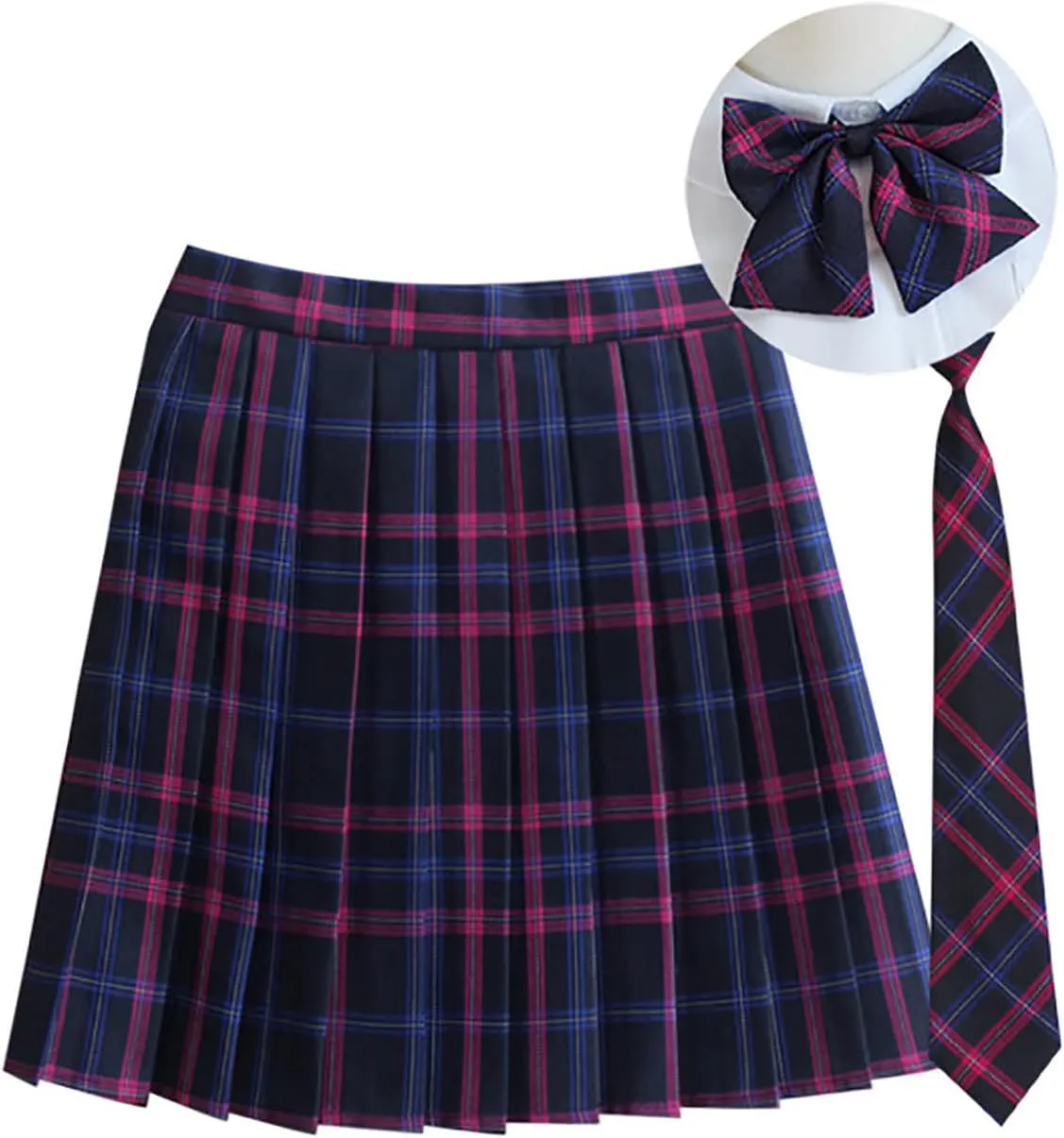 Women's Pleated Plaid Skirt Sets High Waist School Uniform Set Mini A Line JK Skirts Necktie Bow Tie Plus Size 3 Ps
