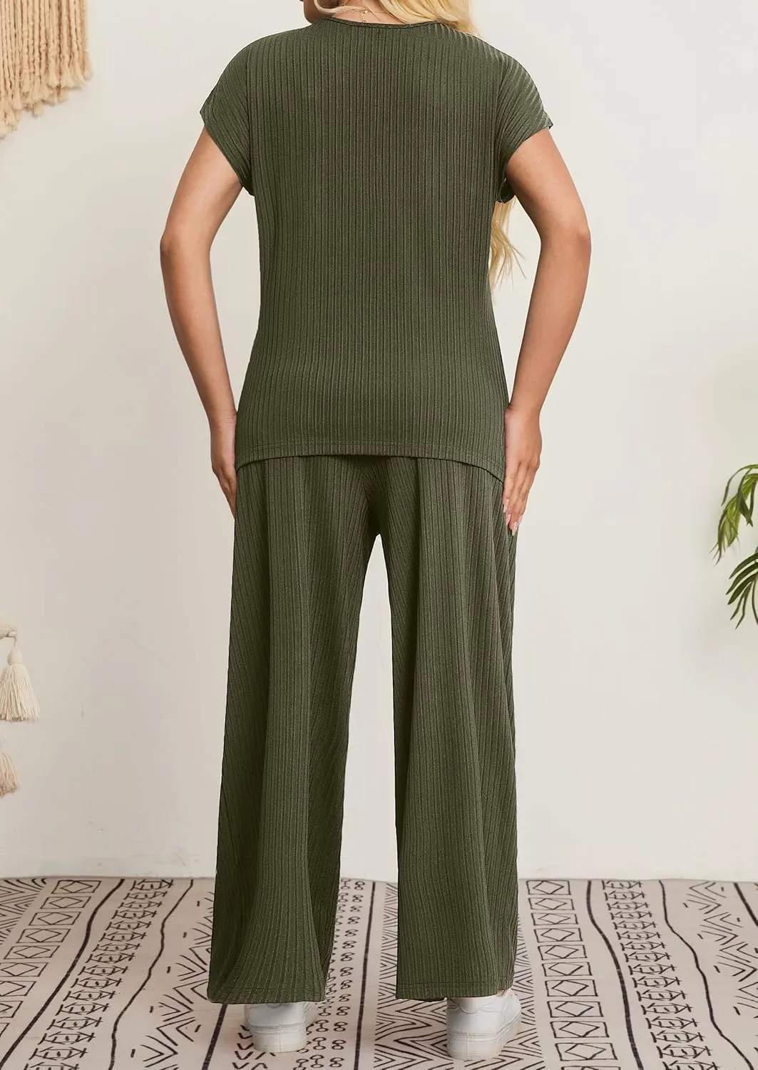 Women's Plus Size 2 Piece Lounge Set Summer Cap Sleeve Top Wide Leg Pants Matching Set Sweatsuits Outfits Tracksuit
