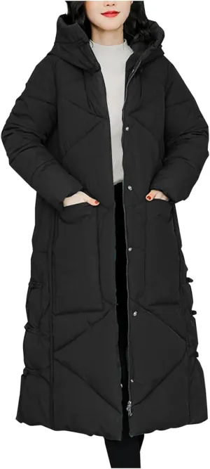 Women's Quilted Long Jackets Winter Zip Up Trench Coats Hooded Baggy Down Puffer Jacket Thickened Winter Warm Parkas