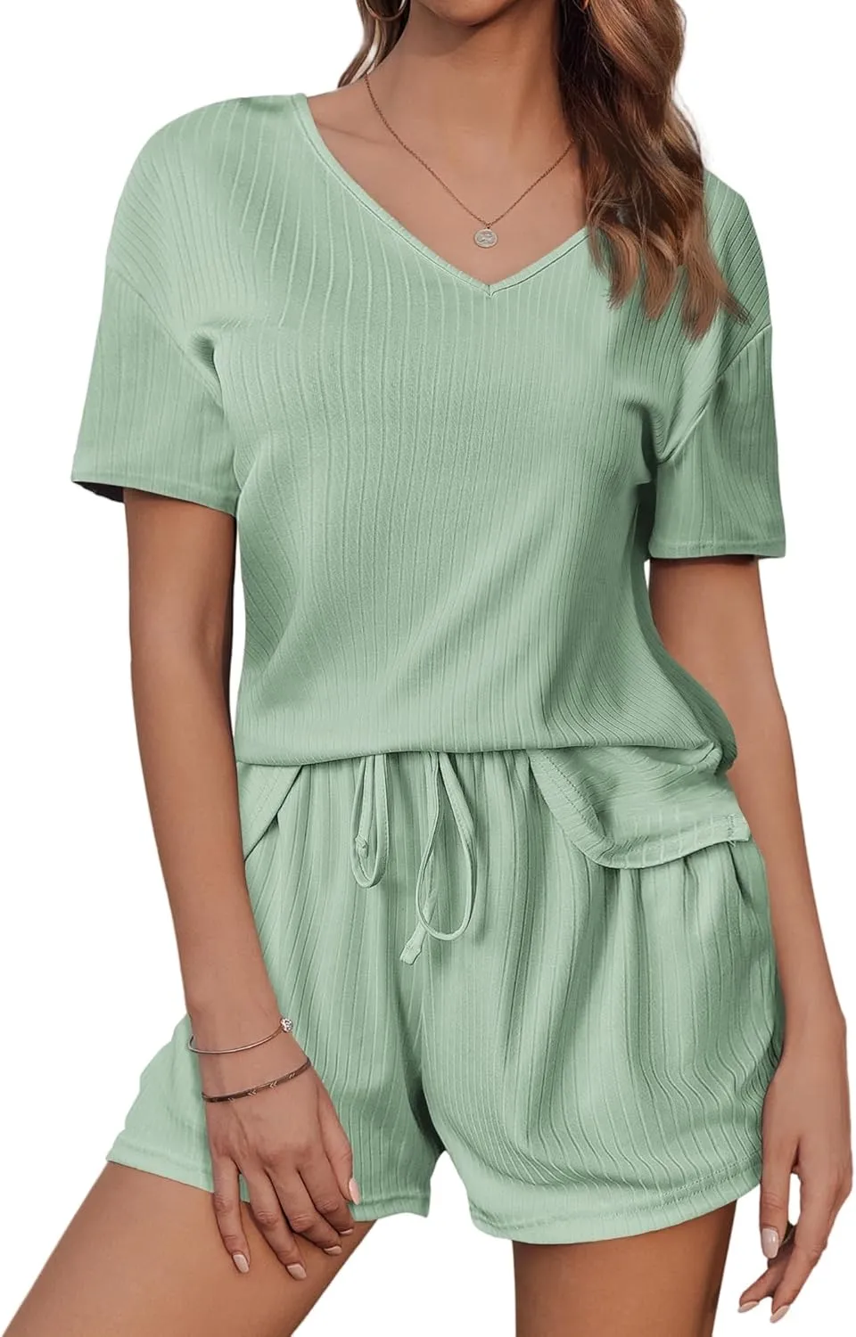 Womens Ribbed Knit Lounge Set, Short Sleeve Top and Shorts, Waffle 2 Piece with Cute Sleep Loungewear Sets