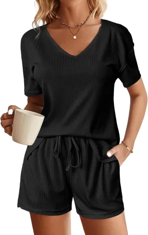 Womens Ribbed Knit Lounge Set, Short Sleeve Top and Shorts, Waffle 2 Piece with Cute Sleep Loungewear Sets