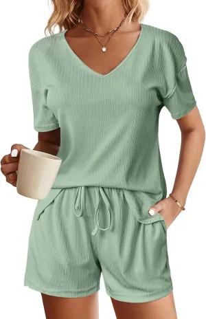 Womens Ribbed Knit Lounge Set, Short Sleeve Top and Shorts, Waffle 2 Piece with Cute Sleep Loungewear Sets