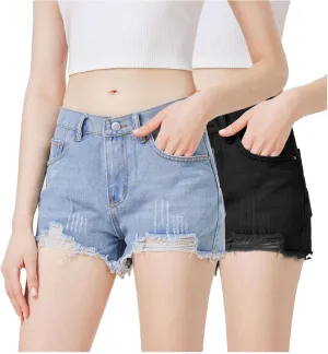 Womens Ripped Denim Jean Shorts Pack,Mid Waist Jean Shorts for Ladies，Frayed Raw Hem Casual for 2025 Summer