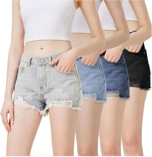 Womens Ripped Denim Jean Shorts Pack,Mid Waist Jean Shorts for Ladies，Frayed Raw Hem Casual for 2025 Summer