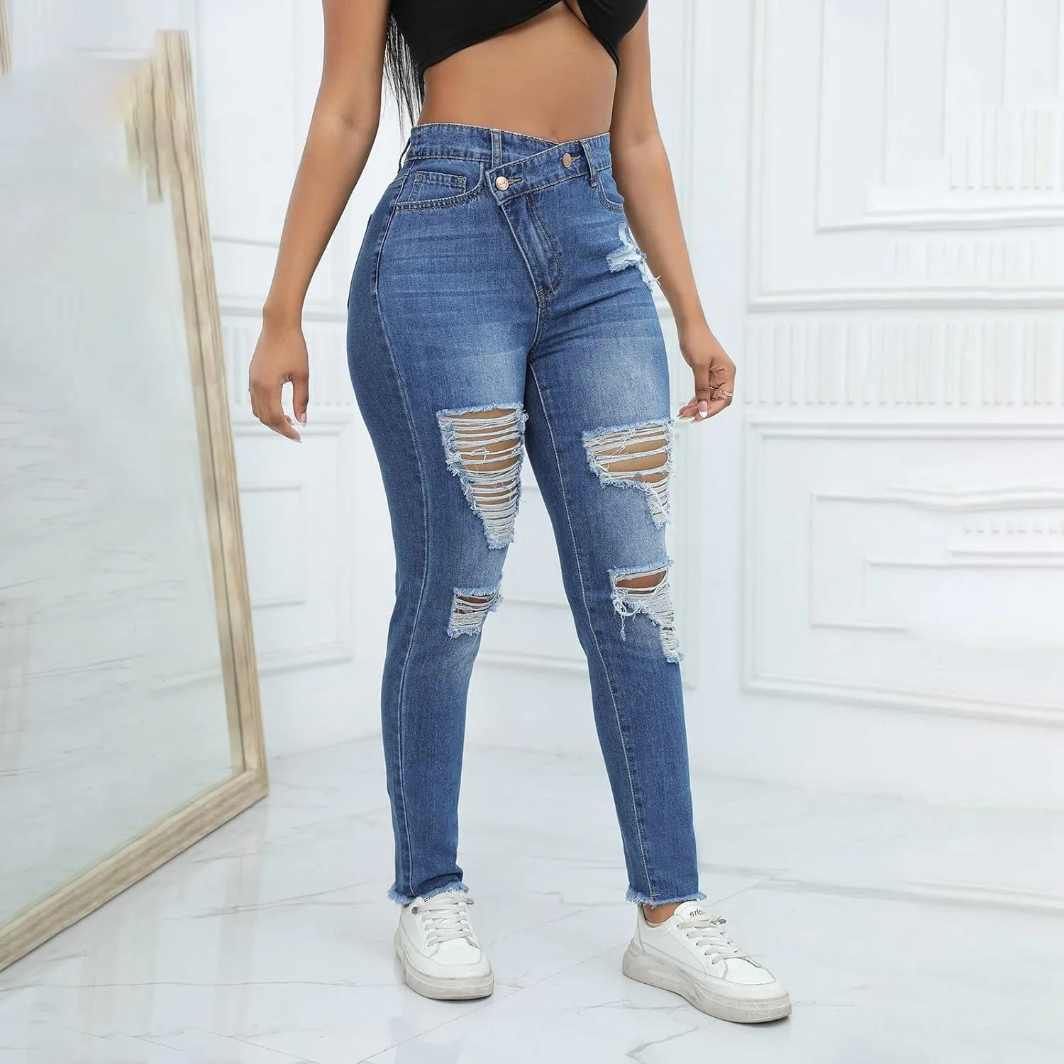 Women's Ripped Jeans Straight Leg Distressed Boyfriend Denim Pants Mid Waisted Straight Ankle Jean Trendy 2024