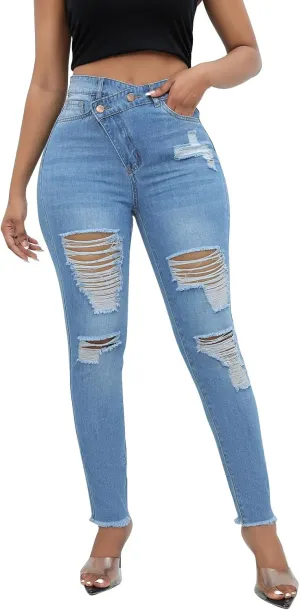 Women's Ripped Jeans Straight Leg Distressed Boyfriend Denim Pants Mid Waisted Straight Ankle Jean Trendy 2024