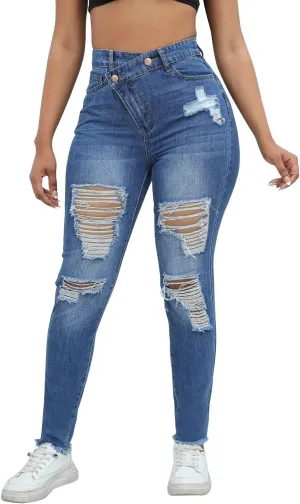 Women's Ripped Jeans Straight Leg Distressed Boyfriend Denim Pants Mid Waisted Straight Ankle Jean Trendy 2024