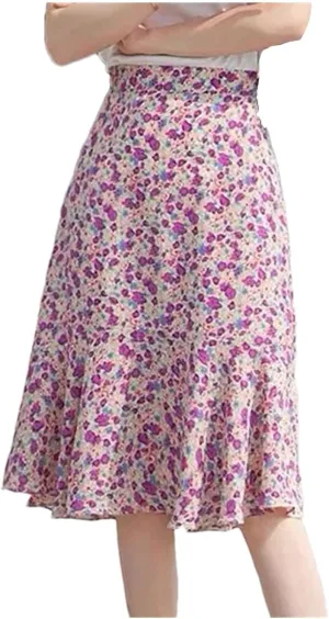 Women's Ruffles Printed Floral Skirts Summer Elastic High Waist Loose Skirts
