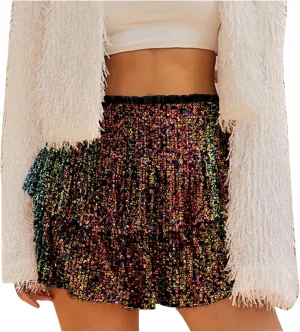 Womens Sequin Pleated Mini Skirts Flowy Ruffle Sparkly Skirt High Waisted Elastic Layered Party Skirts