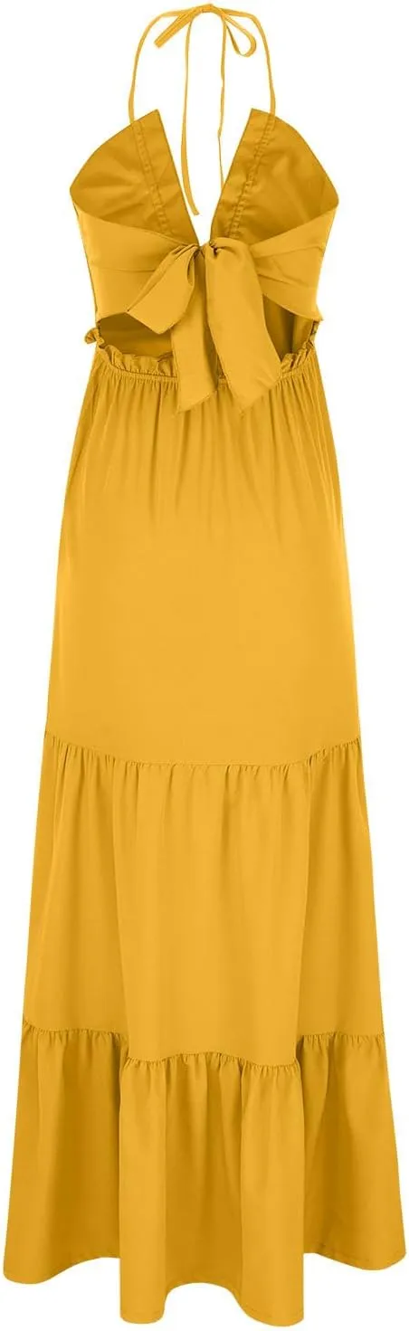 Womens Sexy Maxi Dresses 2024 Summer Spaghetti Strap Deep V Neck Dress Loose Ruffle Tie Back Tiered Beach Long Dress