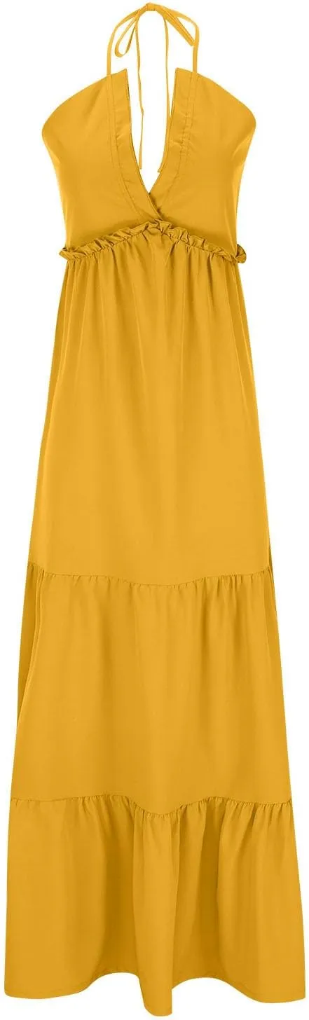 Womens Sexy Maxi Dresses 2024 Summer Spaghetti Strap Deep V Neck Dress Loose Ruffle Tie Back Tiered Beach Long Dress