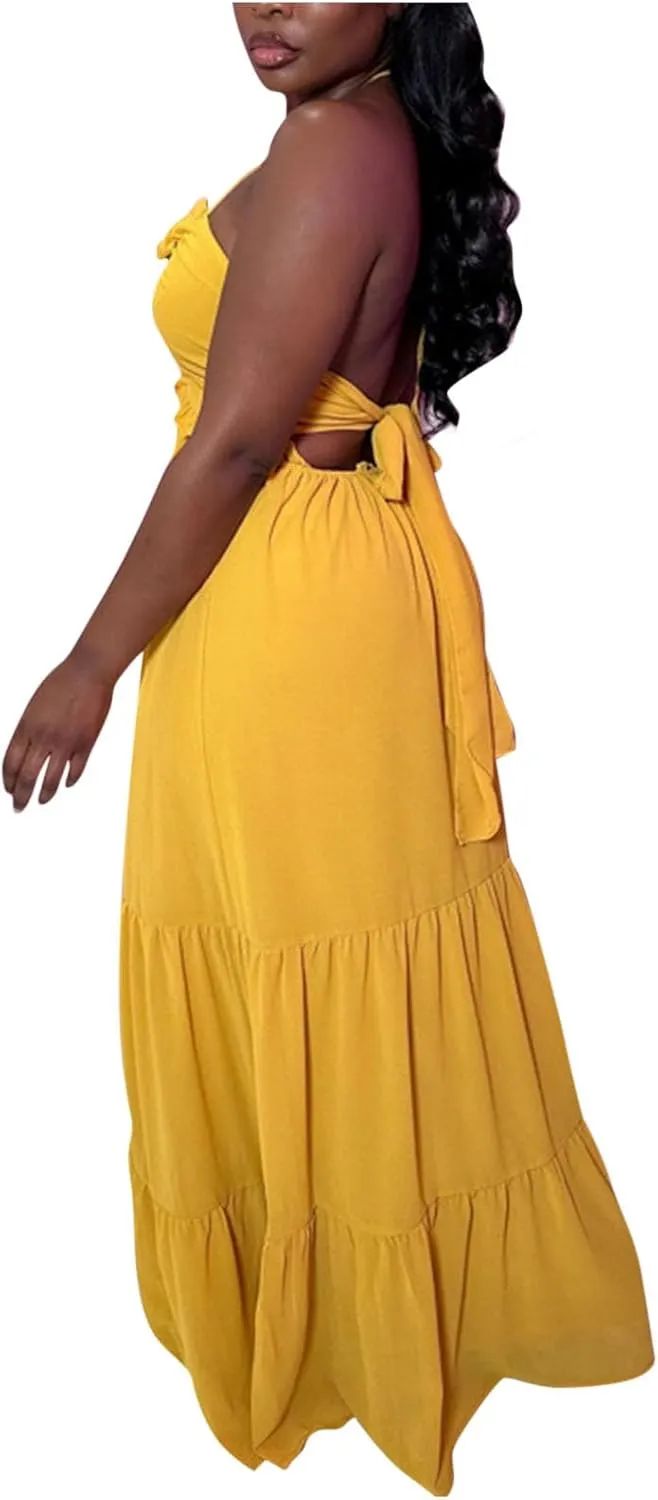 Womens Sexy Maxi Dresses 2024 Summer Spaghetti Strap Deep V Neck Dress Loose Ruffle Tie Back Tiered Beach Long Dress