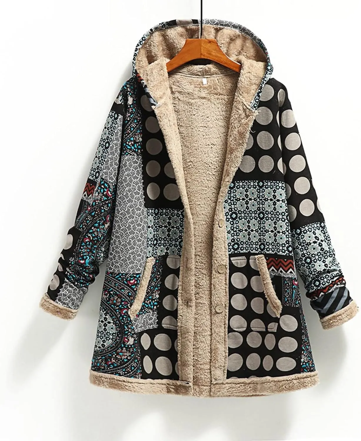 Womens Sherpa Fleece Coat Hiking Fashion Winter Coat Vintage Aztec Hoodie Button Down Sherpa Outerwear with Pockets