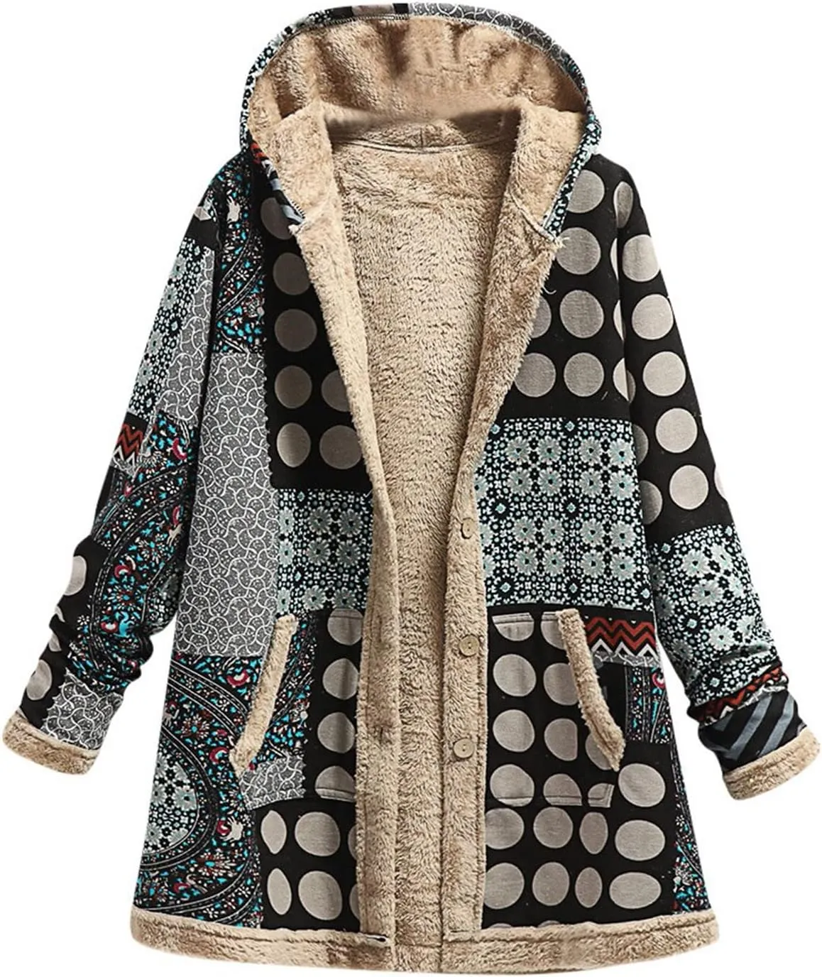 Womens Sherpa Fleece Coat Hiking Fashion Winter Coat Vintage Aztec Hoodie Button Down Sherpa Outerwear with Pockets