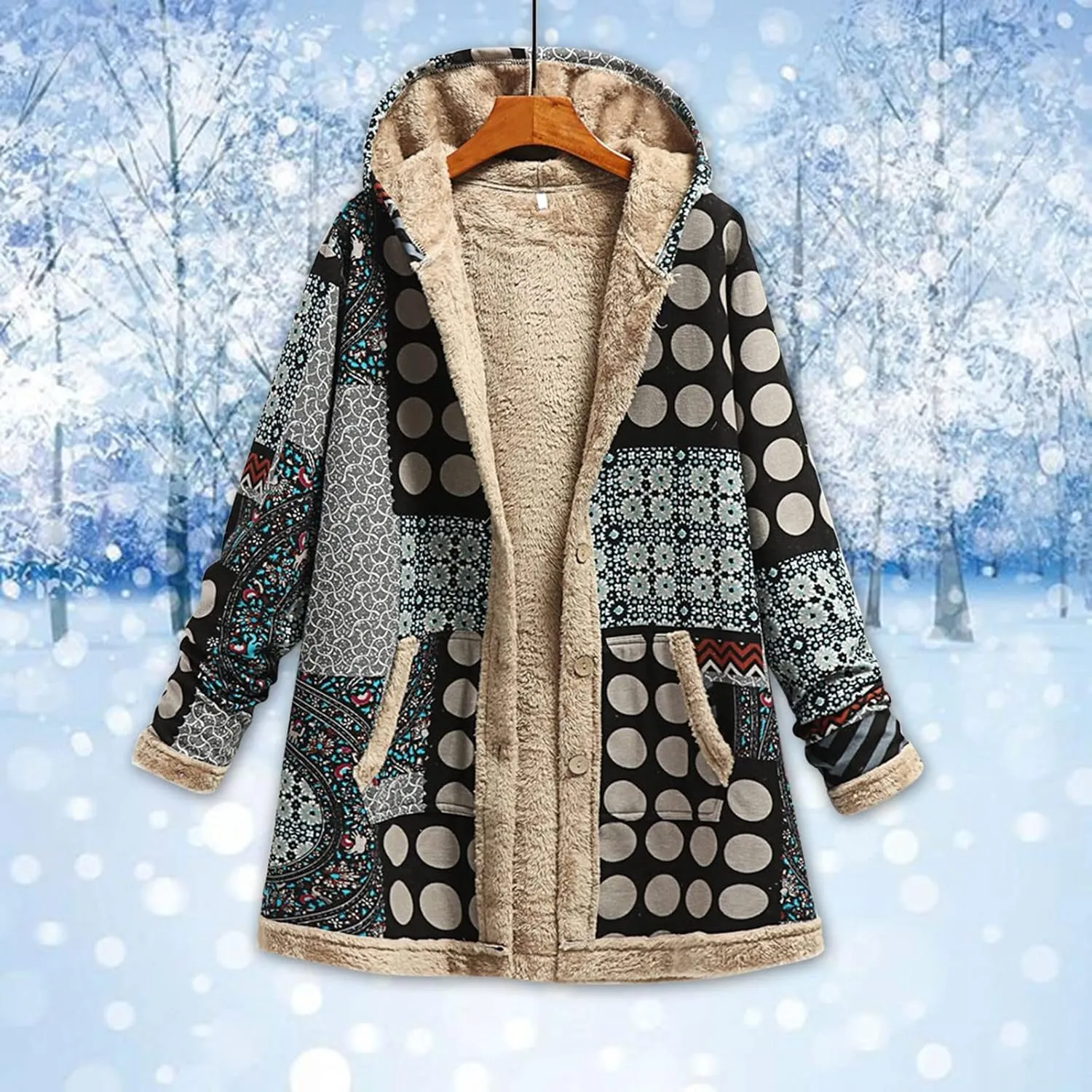 Womens Sherpa Fleece Coat Hiking Fashion Winter Coat Vintage Aztec Hoodie Button Down Sherpa Outerwear with Pockets