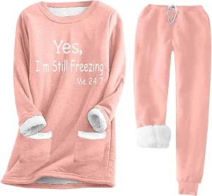 Womens Sherpa Lined Lounge Set 2 Piece Outfits Fleece Pullover Tops with Pants Loungewear Soft Warm Cozy Pajamas Sets