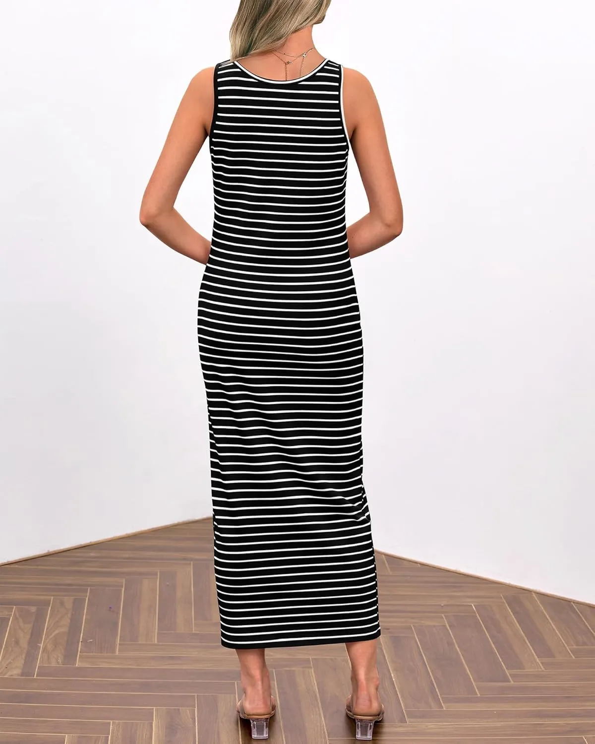 Womens Sleeveless Striped T Shirt Tank Midi Dress U Neck Bodycon Dresses Loose Fit Sundress