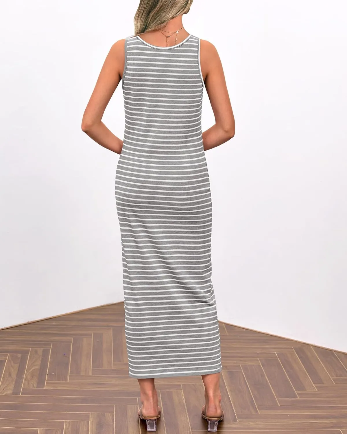 Womens Sleeveless Striped T Shirt Tank Midi Dress U Neck Bodycon Dresses Loose Fit Sundress