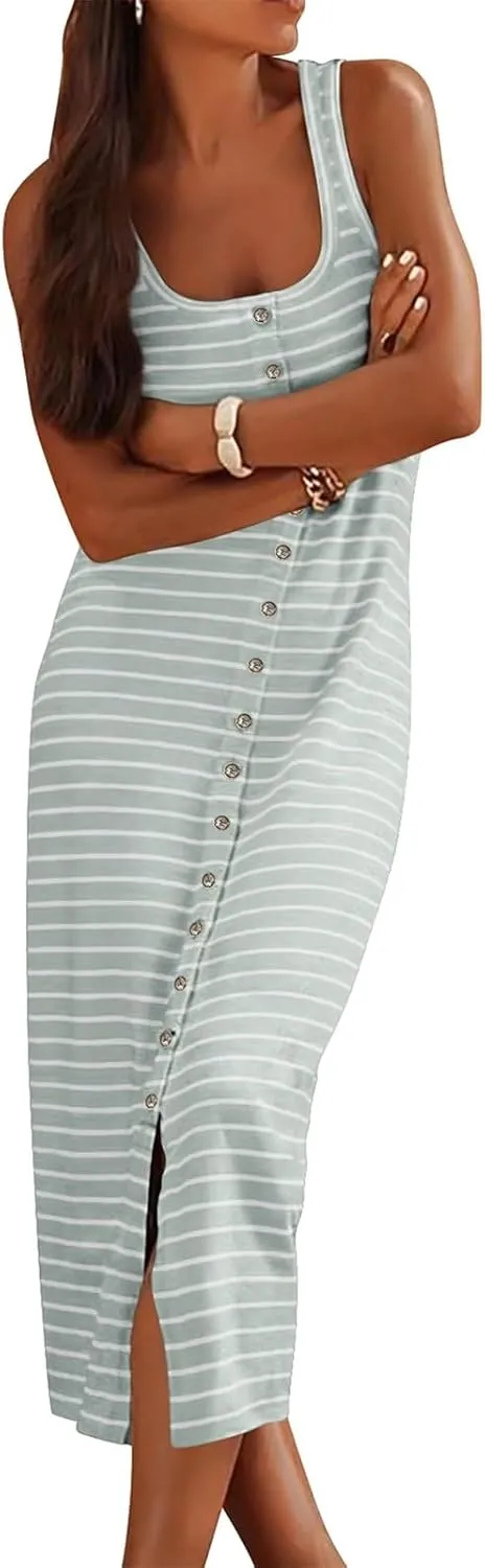Womens Sleeveless Striped T Shirt Tank Midi Dress U Neck Bodycon Dresses Loose Fit Sundress