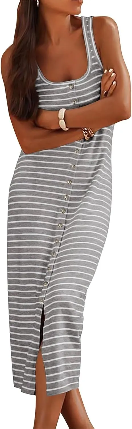 Womens Sleeveless Striped T Shirt Tank Midi Dress U Neck Bodycon Dresses Loose Fit Sundress