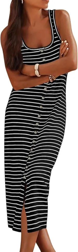 Womens Sleeveless Striped T Shirt Tank Midi Dress U Neck Bodycon Dresses Loose Fit Sundress