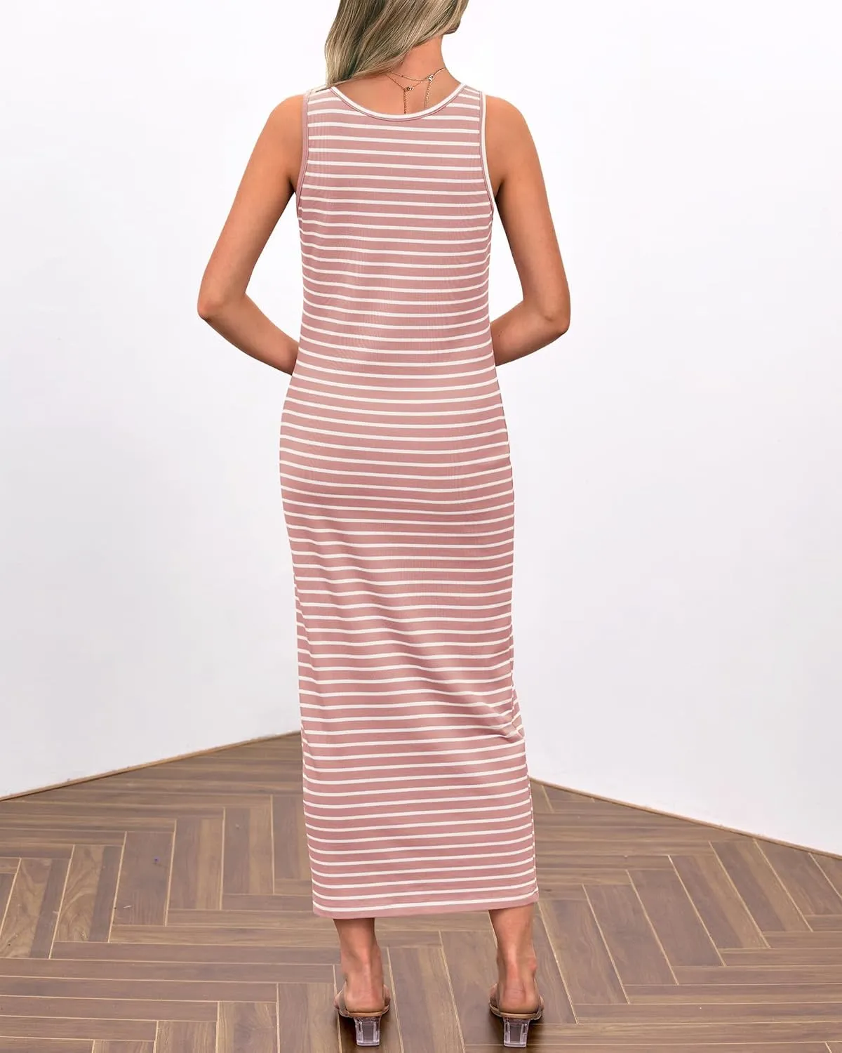 Womens Sleeveless Striped T Shirt Tank Midi Dress U Neck Bodycon Dresses Loose Fit Sundress