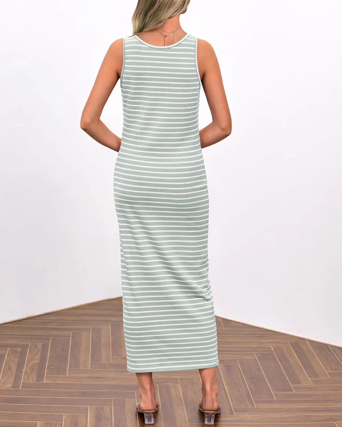 Womens Sleeveless Striped T Shirt Tank Midi Dress U Neck Bodycon Dresses Loose Fit Sundress
