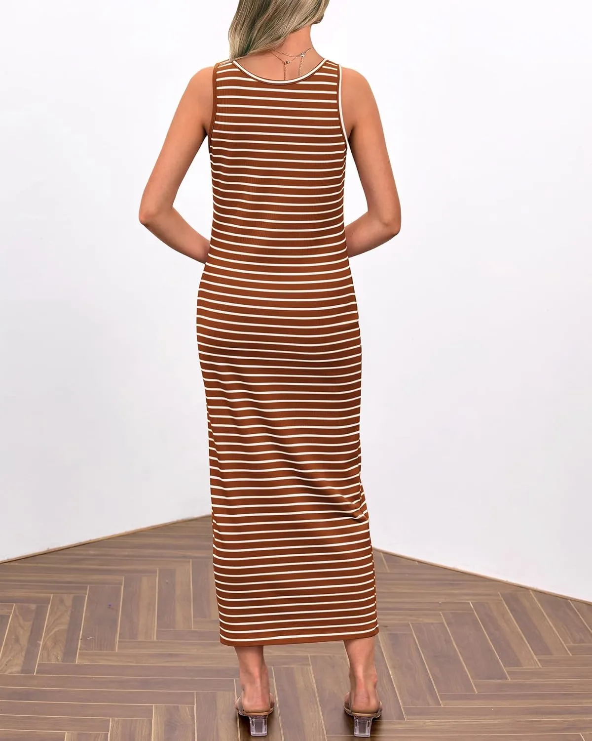 Womens Sleeveless Striped T Shirt Tank Midi Dress U Neck Bodycon Dresses Loose Fit Sundress