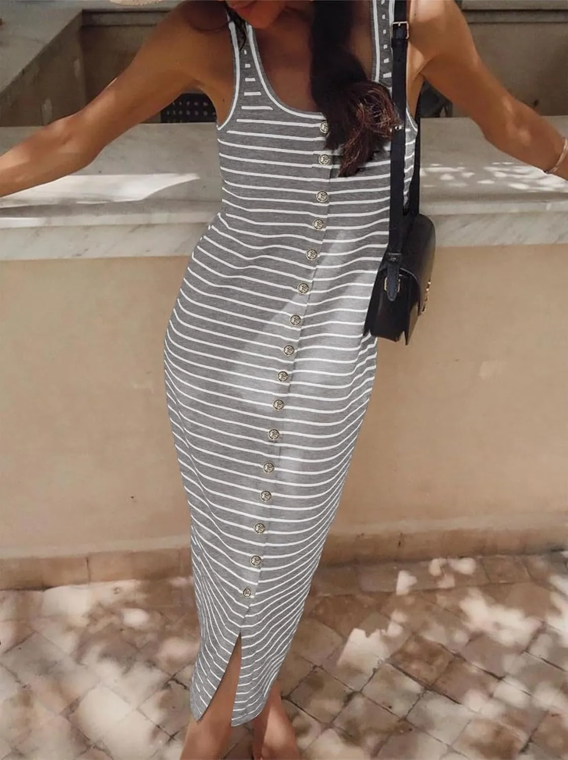 Womens Sleeveless Striped T Shirt Tank Midi Dress U Neck Bodycon Dresses Loose Fit Sundress