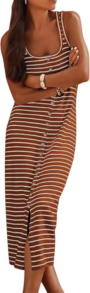 Womens Sleeveless Striped T Shirt Tank Midi Dress U Neck Bodycon Dresses Loose Fit Sundress