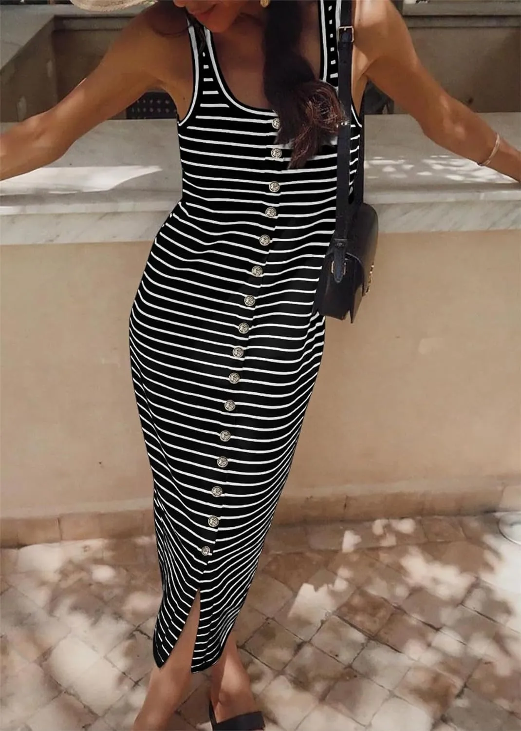 Womens Sleeveless Striped T Shirt Tank Midi Dress U Neck Bodycon Dresses Loose Fit Sundress