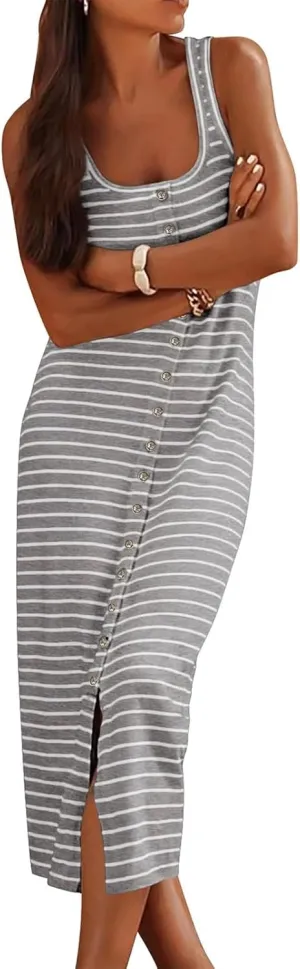 Womens Sleeveless Striped T Shirt Tank Midi Dress U Neck Bodycon Dresses Loose Fit Sundress
