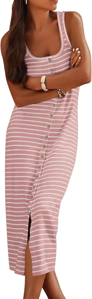 Womens Sleeveless Striped T Shirt Tank Midi Dress U Neck Bodycon Dresses Loose Fit Sundress
