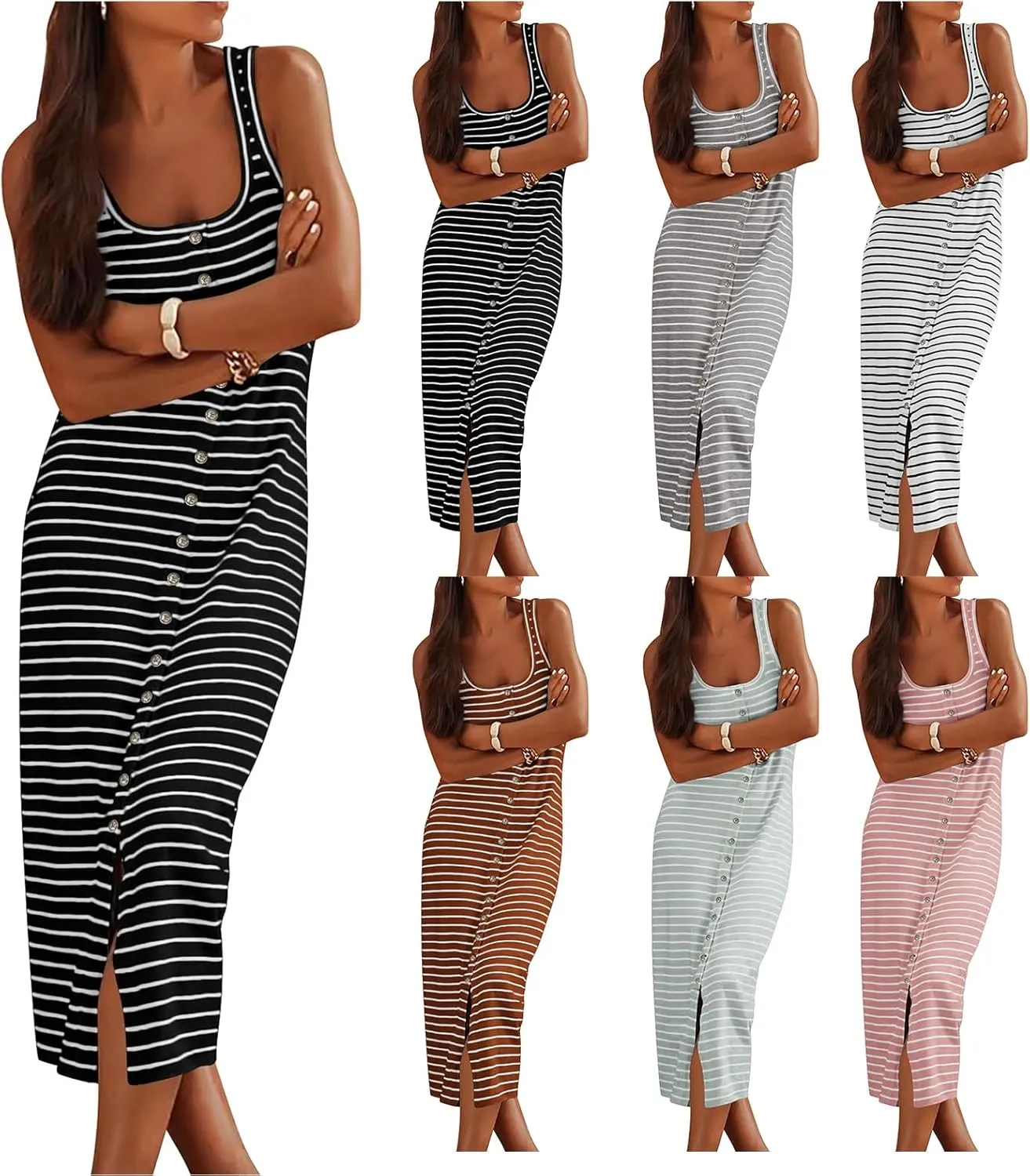 Womens Sleeveless Striped T Shirt Tank Midi Dress U Neck Bodycon Dresses Loose Fit Sundress