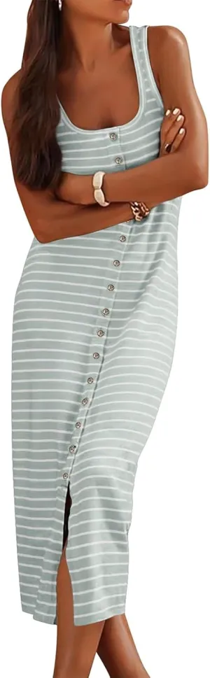 Womens Sleeveless Striped T Shirt Tank Midi Dress U Neck Bodycon Dresses Loose Fit Sundress