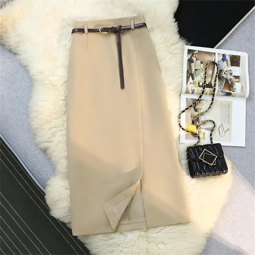 Womens Spring Autumn Skirts Elegant High Waist Front Split High Waist Office Skirts