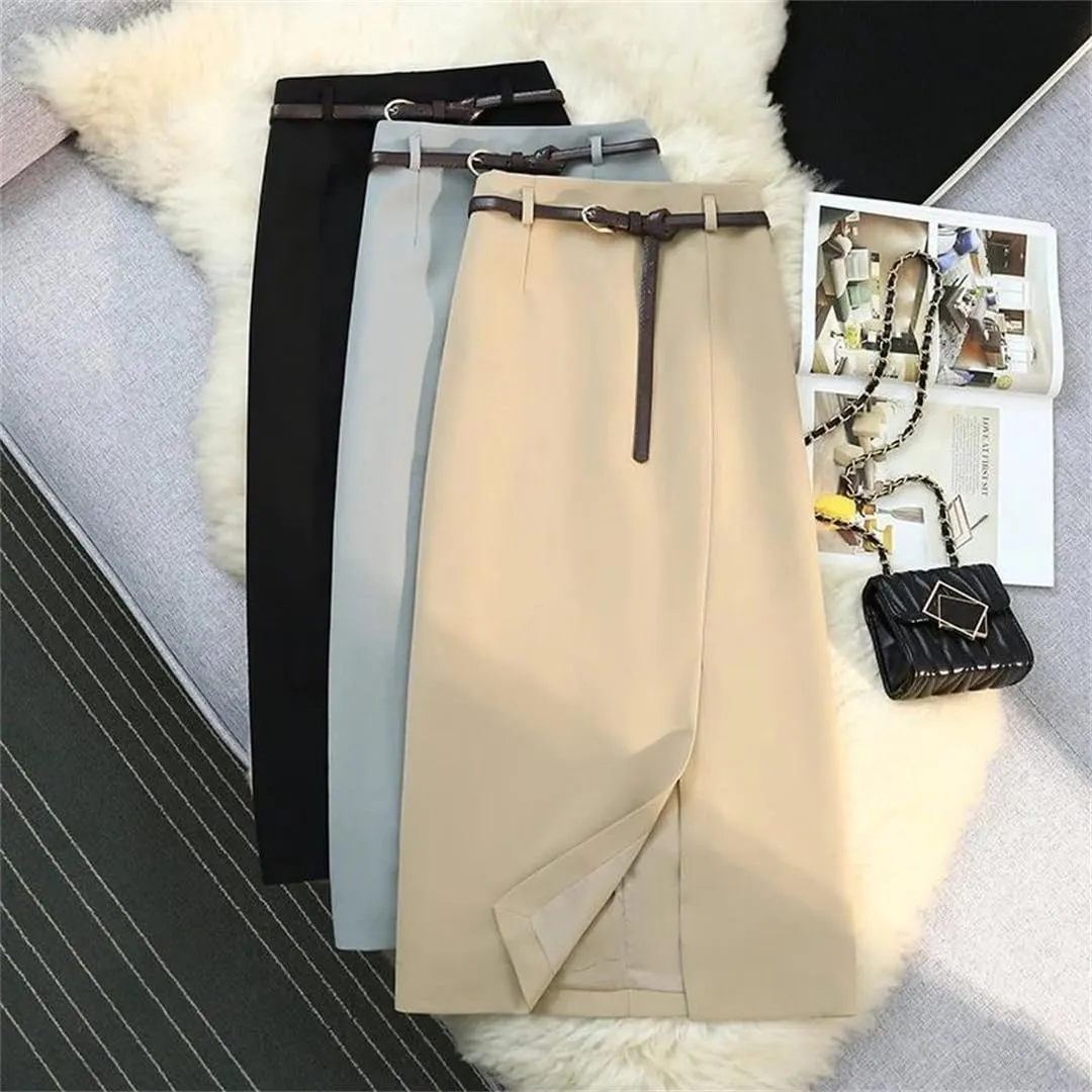 Womens Spring Autumn Skirts Elegant High Waist Front Split High Waist Office Skirts