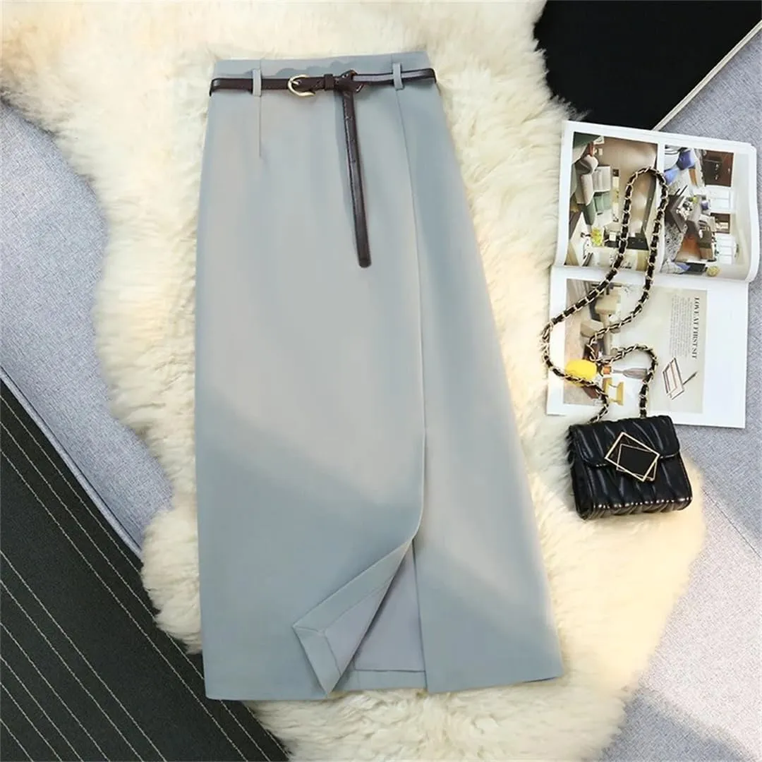Womens Spring Autumn Skirts Elegant High Waist Front Split High Waist Office Skirts