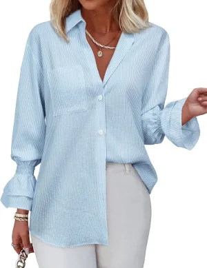 Women's Striped Button Down Shirt Smocked Cuffed Boyfriend Blouse Ruffle Sleeve Casual Tunic Tops with Pockets