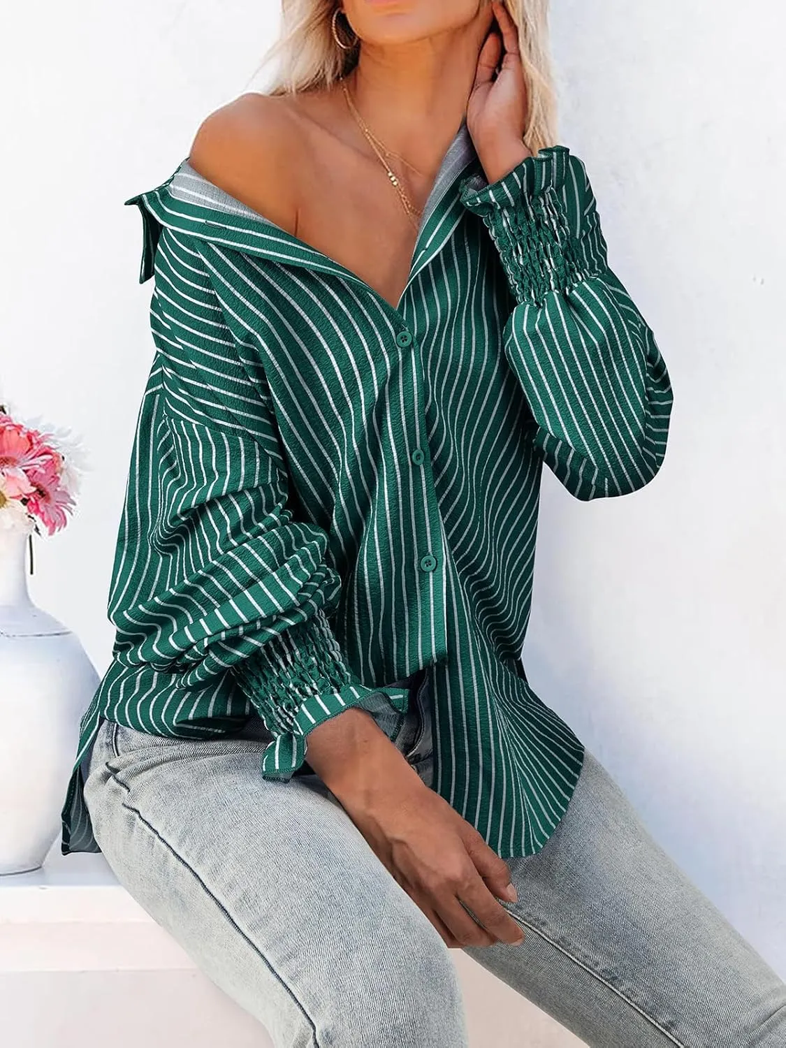 Women's Striped Button Down Shirts Long Sleeve Smocked Cuffed Oversized Boyfriend Blouses Collared Work No Pockets Tops