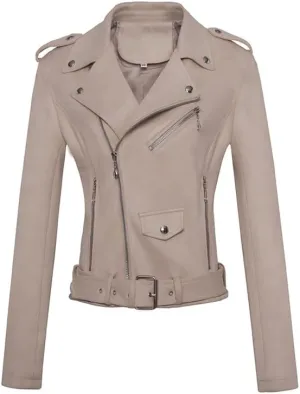 Women's Suede Jacket Moto Biker Faux Suede Jackets Ladies Lapel Suede Leather Zip up Short Coats